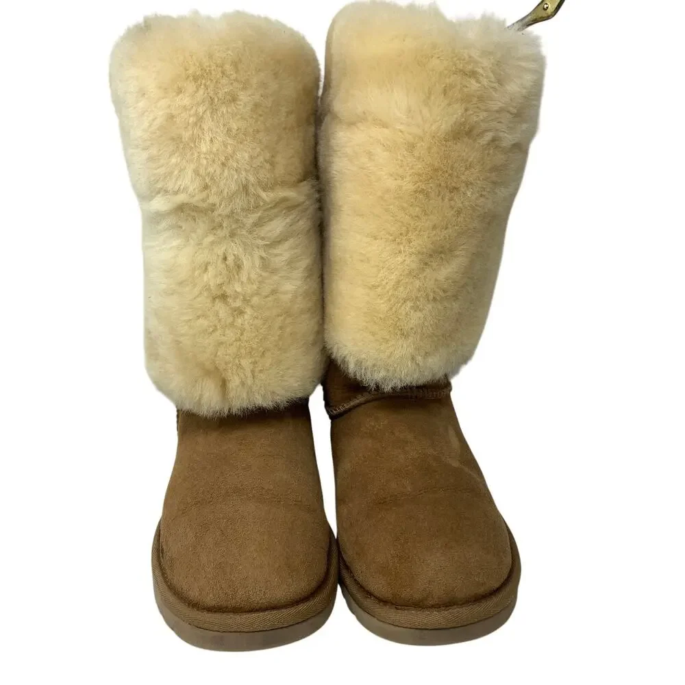 Ugg Over The Knee Bailey Button Sheepskin Boots Womens Sz 6 Brown Suede Cuffable